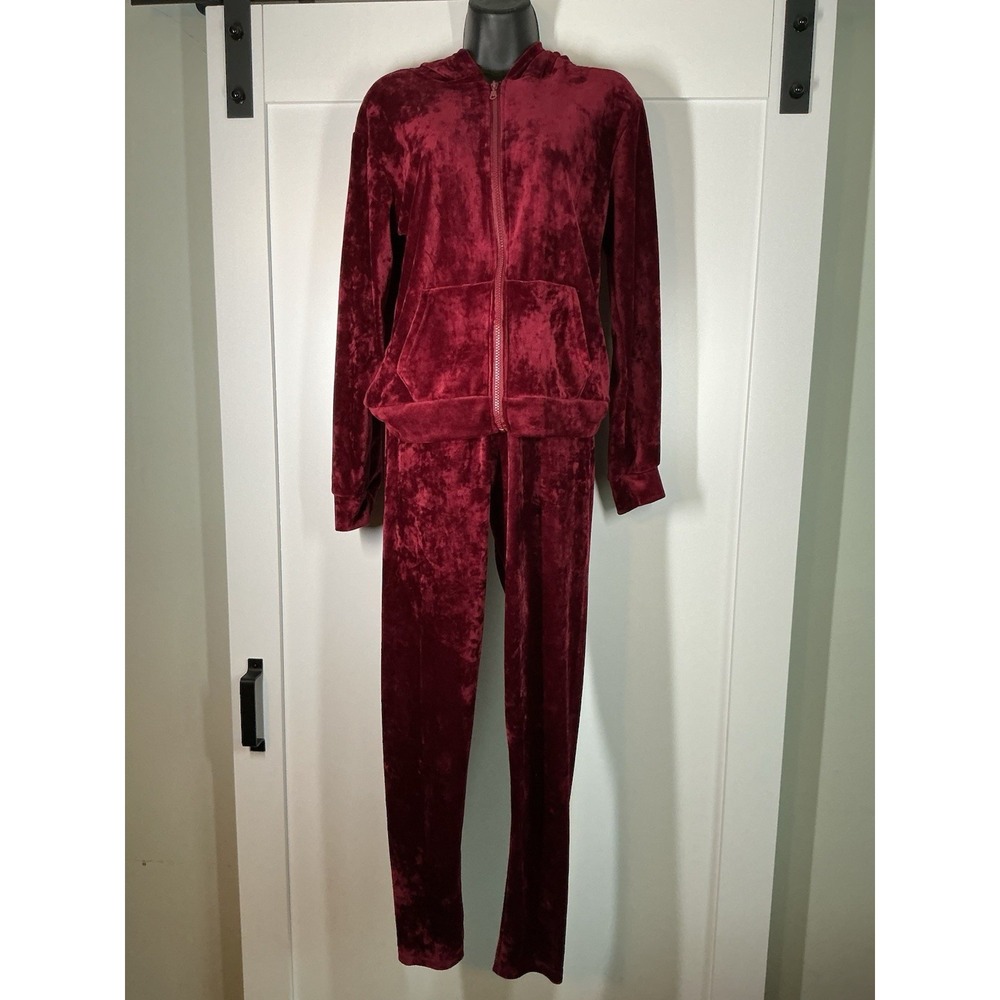 Velour Track Suit Red Zip Front Jacket With Pants Set Women's Size Small Y2K